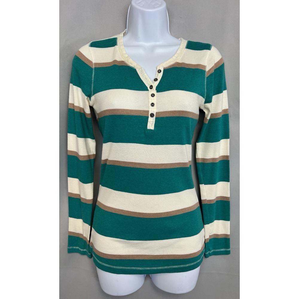 Rue‎ 21 Green White Striped long sleeves shirt w/ front button Sz Small